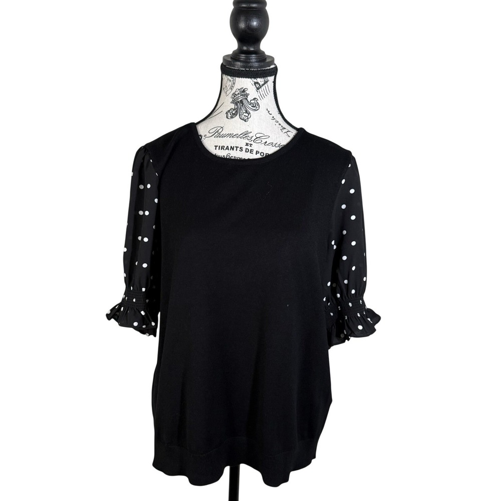 Adrianna Papell Black Blouse Sz L Polka Dot Sheer Sleeve Top Elegant Work office - Picture 2 of 8